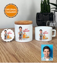 Kişiye Özel Karikatürlü İnşaat Mühendisi Hediye Seti Lüks Fincan, Kalemlik, Anahtarlık Erkek İnşaat Mühendisine Mühendisler Günü Hediyesi (Beyaz)