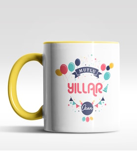 Kişiye Özel Mutlu Yıllar Tasarımlı Siyah Kupa (Sarı)
