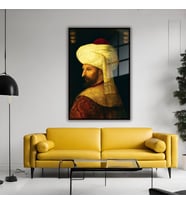Metal Çerçeveli Temperli Cam Tablo Fatih Sultan Mehmet Portresi (Siyah)