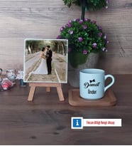 Damat Fotoğraflı Dekoratif Taş, Ahşap Altlıklı Türk Kahvesi Fincanı Hediye (Model 1)