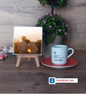Eşe Hediye Fotoğraflı Dekoratif Taş, Ahşap Altlıklı Türk Kahvesi Fincanı Hediye (Model 8)