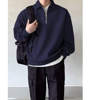 GENIUS STORE Erkek Polo Yaka Oversize Sweatshirt Yarım Fermuar Sweatshirt OVERSIZE-SWEATSHIRT (Lacivert)