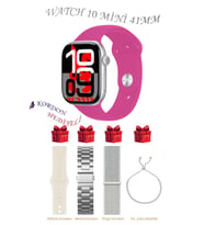 Samsung Galaxy M40 Uyumlu Açık Mavi Akıllı Saat Watch 10 Mini Kordon Hediyeli AMOLED EKRAN 41MM (Gümüş - Pembe)
