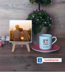 Sevgiliye Hediye Fotoğraflı Dekoratif Taş, Ahşap Altlıklı Türk Kahvesi Fincanı Hediye (Model 6)
