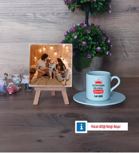 Babalar Günü Hediyesi Fotoğraflı Dekoratif Taş, Ahşap Altlıklı Türk Kahvesi Fincanı HediyeBabaya Hediye (Model 2)
