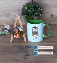 Tatlı Penguen Kupa Bardak Beyaz ve Fotoğraflı Ahşap Anahtarlık Hediye (Model 14)