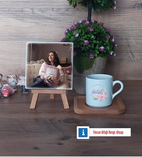 İsme Özel İsim Yazılı Fotoğraflı Dekoratif Taş, Ahşap Altlıklı Türk Kahvesi Fincanı Hediye (Model 1)