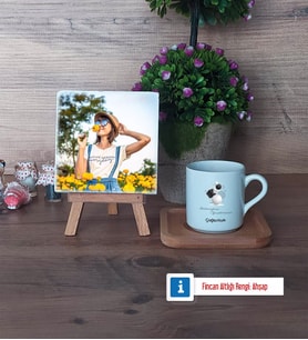 Geometri Öğretmeni Fotoğraflı Dekoratif Taş, Ahşap Altlıklı Türk Kahvesi Fincanı Hediye (Model 1)