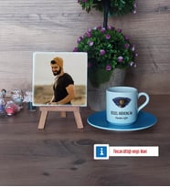 Özel Güvenlik Görevlisi Fotoğraflı Dekoratif Taş, Ahşap Altlıklı Türk Kahvesi Fincanı Hediye (Model 5)