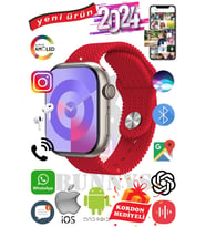 Samsung Galaxy Note 20 Ultra Uyumlu Akıllı Saat Watch 9 Max+2024 45mm Kordon Hediyeli Amoled Ekran (Kırmızı)