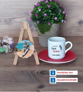 Tarih Öğretmeni Türk Kahvesi Fincanı Ahşap Altlıklı ve Fotoğraflı Ahşap Anahtarlık Hediye (Model 3)