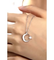 Kadın Orjinal 925 Ayar Gümüş Zirkon Taşlı Ayyıldız Model Kolye (Gümüş)