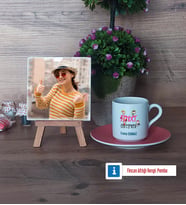 Rehber Öğretmeni Fotoğraflı Dekoratif Taş, Ahşap Altlıklı Türk Kahvesi Fincanı Hediye (Model 6)