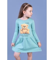 Toontoy Kız Çocuk Ayıcık Baskılı Elbise (Yeşil)