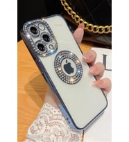 Apple iPhone 12 Pro Kılıf Şeffaf Lüx Taşlı Süslemeli Kamera Korumalı Silikon (Mavi)