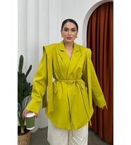 Kadın Oversize Blazer Ceket Kuşaklı Omuz Detaylı (Limon Sarı)