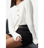 Kadın Modern Tarz Slim Bisiklet Yaka Regular Triko Hırka (Ekru)