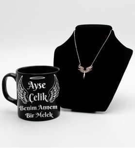 Anneler Gününe Özel  Baskılı Siyah Kupa Bardak & Mikail Kolye Hediye Seti (Model 1)
