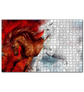 Cakapuzzle Kahverengi At Kızıl Zemin Beyaz At Beyaz Zemin  Puzzle Yapboz MDF (Ahşap) (500 Parça)