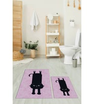 EVDEYA Dijital Baskılı Yıkanabilir Sevimli Kedi İkili Banyo Halısı Paspas Klozet Takımı, KLOZET-39-GRİ, (Pembe)