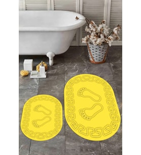 EVDEYA Dijital Yıkanabilir Çerçeveli Ayak İzi Desen İkili Oval Banyo Halısı Klozet Takımı, OKLOZET-18-BEYAZ, (Sarı)