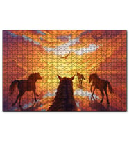 Cakapuzzle Kızıl Bulutlu Gökler Sudaki Aksi ve Koşan Atlar  Puzzle Yapboz MDF (Ahşap) (1000 Parça)
