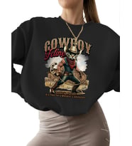 bisiklet yaka 3 iplik şardonlu unisex Kovboy kedi Baskılı Sweatshirt Bej kalın erkek Sweatshirt (Siyah)