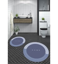 EVDEYA Dijital Baskılı Yıkanabilir Home Yazılı İkili Yuvarlak Banyo Paspası Klozet Takımı, YKLOZET-3-GRİ, (Mavi)