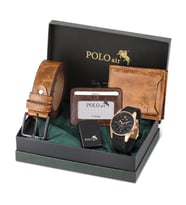 Polo Air Erkek Kombin Set Cüzdan Kartlık Kemer Çakmak Erkek Saat Kol Saati PL-0981E (Siyah-Bakır)