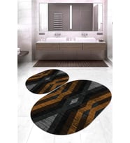 Dijital Baskılı Kaymaz Taban Yıkanabilir Oval 2'li Klozet Takımı Banyo Paspası NOKZ-SD-282 (Kahverengi)