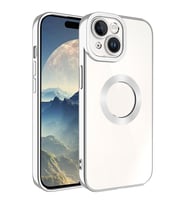 Apple iPhone 15 Kılıf Logo Yeri Açık Kamera Lens Korumalı Renkli Kenarlı Şeffaf Silikon (Gümüş)
