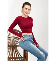 Kadın Bisiklet Yaka Parmak Detaylı Spor Body Basic Soft Touch Spor Crop (Bordo)