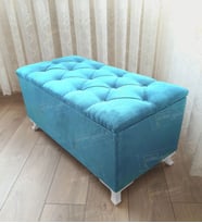 Lüks Sandıklı Kapitoneli Ayakucu Puf Bench 100 cm Beyaz Ayak (Turkuaz)