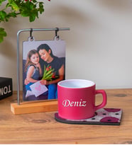 Ahşap Standlı Fotoğraflı Çerçeve & Kişiye Özel Ahşap Sunumlu Çay & Nescafe Fincanı (Fuşya)