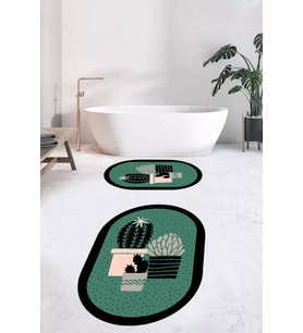 EVDEYA Dijital Yıkanabilir Kaktüs Çiçek Desen İkili Oval Banyo Halısı Klozet Takımı, OKLOZET-22-BEYAZ, (Yeşil)