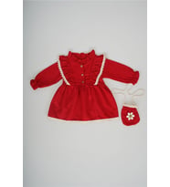 KIZ BEBEK UZUN KOL PAPATYA DESENLİ ÇANTALI ELBİSE (Kırmızı)