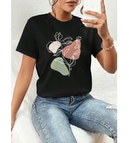 Portrait & Flower Baskılı Oversize Tshirt (Siyah)