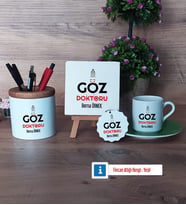 Göz Doktoru Hediye Seti Dekoratif Taş, Kalemlik, Ahşap Altlıklı Türk Kahvesi Fincanı, Ahşap Anahtarlık Hediye Tıp Bayramı Hediyesi (Model 9)