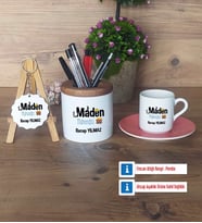 Maden Mühendisi Hediye Sepeti Kalemlik, Türk Kahvesi Fincanı Kırmızı, Ahşap Anahtarlık Hediye (Model 4)