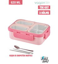 Vagonlife Lunch Box 620 ML Tek Kat Üç Bölmeli Metal Kaşıklı Yeni Nesil Sefer Tası-FFLBOX7097 (Pembe)