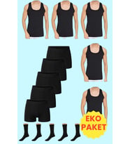 Tezzgelsin Ekonomik Paket Atlet Boxer Ve Çorap Takımı 5 Atlet 5 Boxer 5 Çift Çorap (Siyah-Siyah)