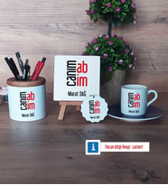 Abiye Hediye Hediye Seti Dekoratif Taş, Kalemlik, Ahşap Altlıklı Türk Kahvesi Fincanı, Ahşap Anahtarlık Hediye (Model 4)