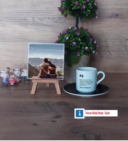 Eşe Hediye Fotoğraflı Dekoratif Taş, Ahşap Altlıklı Türk Kahvesi Fincanı Hediye (Model 7)
