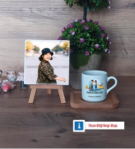 Temizlik Görevlisi Fotoğraflı Dekoratif Taş, Ahşap Altlıklı Türk Kahvesi Fincanı Hediye (Model 1)