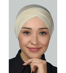 Dört Bantlı Çapraz Dış Tesettür Bonesi Hazır Türban Penye (Krem)