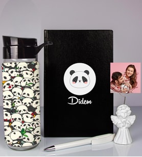 Kişiye Özel Defter Kalem Matara Ve Fotoğraflı Notluk Seti 93565 (Siyah)