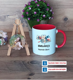 Emlakçı Kupa Bardak Beyaz ve Fotoğraflı Ahşap Anahtarlık Hediye (Model 2)