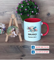 Emlakçı Kupa Bardak Beyaz ve Fotoğraflı Ahşap Anahtarlık Hediye (Model 2)