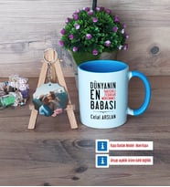 Babalar Günü Hediyesi Kupa Bardak Beyaz ve Fotoğraflı Ahşap Anahtarlık Hediye (Model 4)