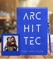 Kişiye Özel Mimar Tasarımlı Deri Defter + Ahşap Çerçeve Hediye (Mavi)